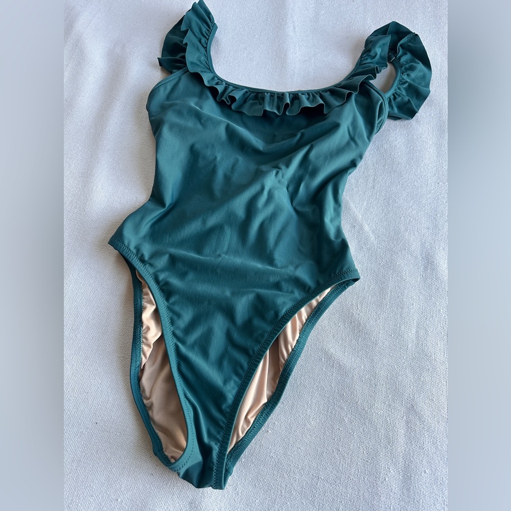 J CREW Scoop-back Ruffle Strap One Piece Swimsuit |Teal Green Womens Size 4